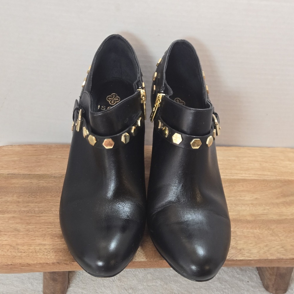 Isola Black Leather Studded Ankle Booties Size 8.5 Block Heel Zip Gold Hardware